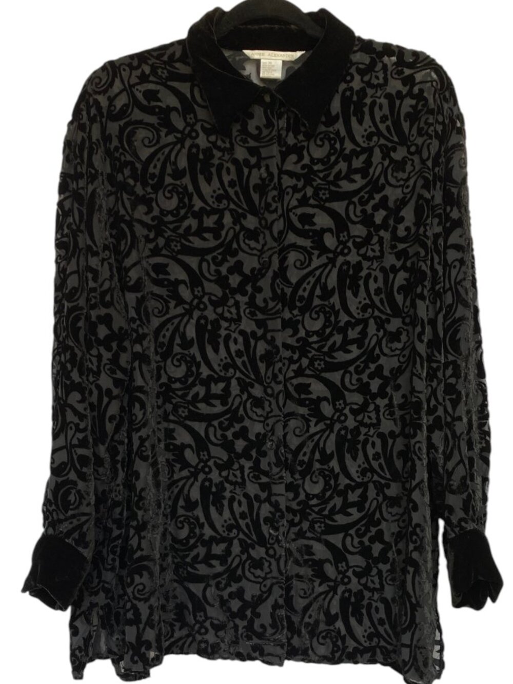 Vintage Annie Alexander Black Velvet Burnout Sheer Silk Rayon Top Whimsigoth-XL